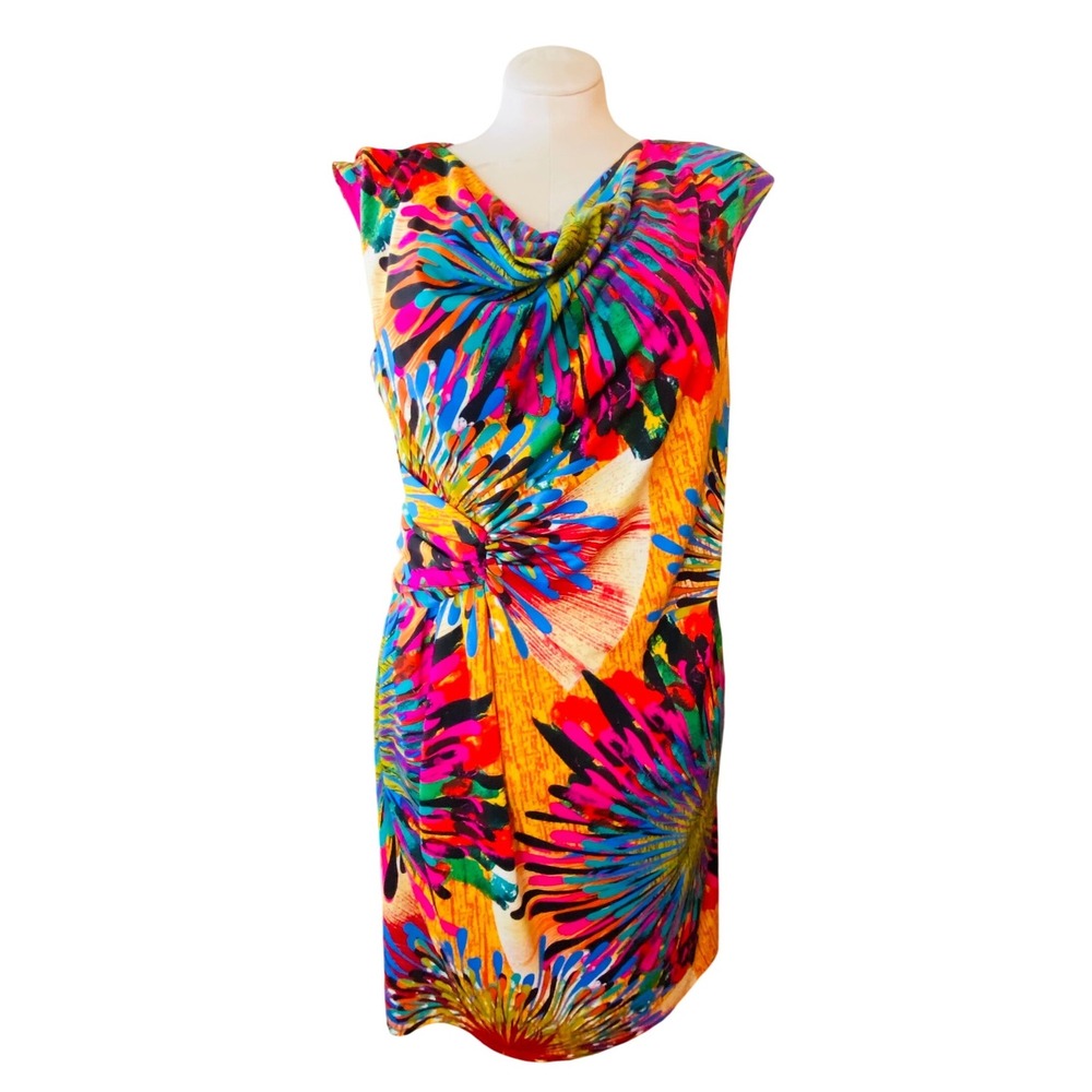 Madison Leigh Woman Abstract Floral Sunburst Cowl Neck Ruched Sheath Dress XL